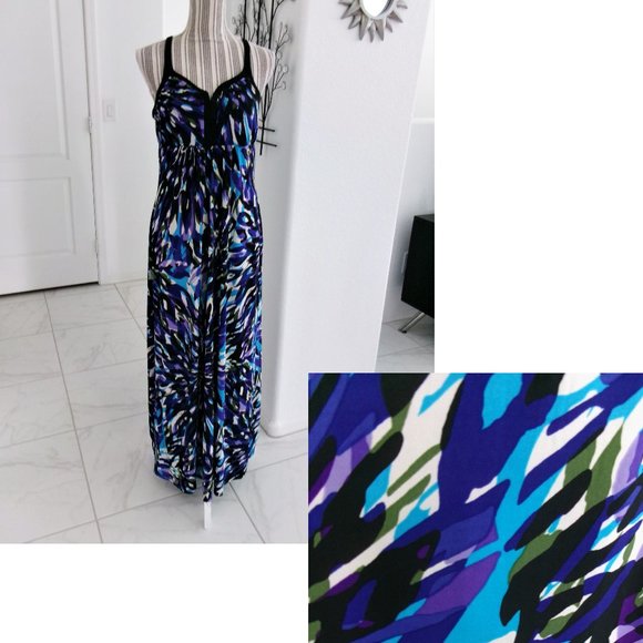 Racerback Stretch Jersey Maxi Dress Bold Print Turquoise Purple Black Olive 6 - Picture 1 of 14